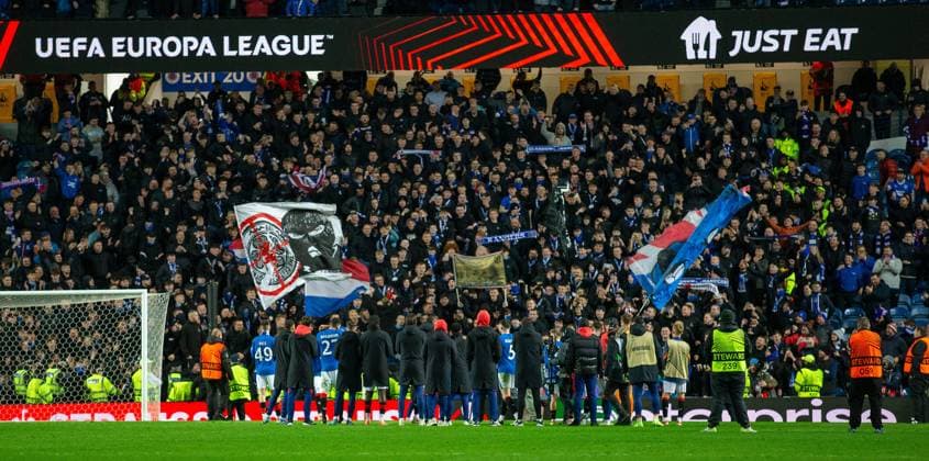 13th March 2025; Ibrox Stadium, Glasgow, Scotland; UEFA Europa League Last 16 Second Leg Football, Rangers versus Fenerbahce; Rangers players celebrate in front of their fans after winning the penalty shoot out  ActionPlus12760115 VagelisxGeorgariou