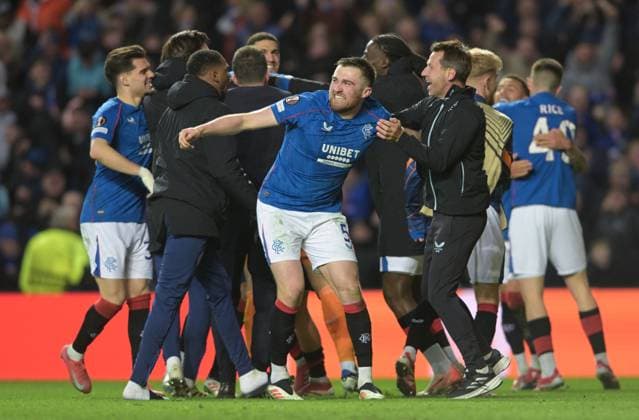 Glasgow, Scotland, 13th March 2025. John Souttar of Rangers celebrates after winning the penalty shoot out during the UEFA Europa League match Rangers v Fenerbahce at Ibrox Stadium, Glasgow. Picture credit should read: Neil Hanna Sportimage EDITORIAL USE ONLY. No use with unauthorised audio, video, data, fixture lists, club league logos or live services. Online in-match use limited to 120 images, no video emulation. No use in betting, games or single club league player publications. SPI_028_NH_Rangers_Fenerbahc__e SPI-3743-0028