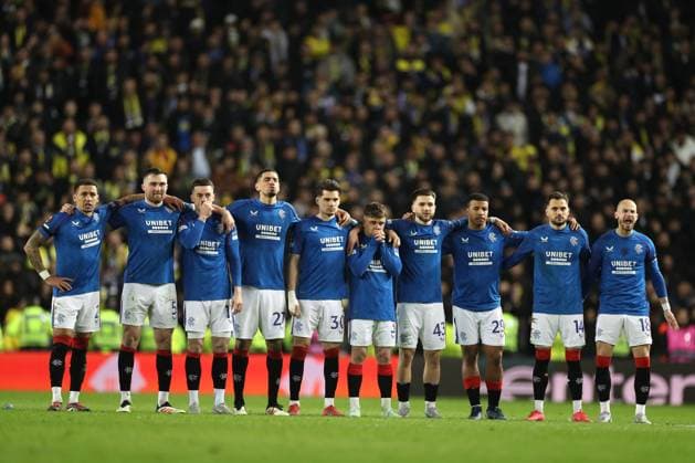 Rangers players look on as Mert Hakan Yandas of Fenerbahce takes his penalty kick as hits over the cross bar during the Europa League last 16 match at Ibrox Stadium, Glasgow. Rangers v Fenerbahce, UEFA Europa League, Round of 16, Second Leg, Football, Ibrox Stadium, Glasgow, Scotland, UK - 13 Mar 2025 EDITORIAL USE ONLY No use with unauthorised audio, video, data, fixture lists, club league logos or live services. Online in-match use limited to 120 images, no video emulation. No use in betting, games or single club league player publications. Copyright: xO Rourke RangersxFC Shutterstockx 15196580bj