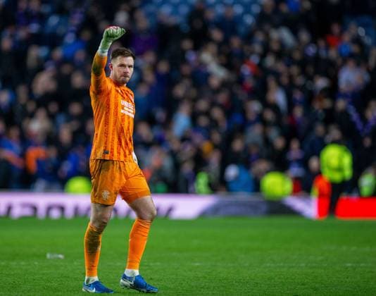 13th March 2025; Ibrox Stadium, Glasgow, Scotland; UEFA Europa League Last 16 Second Leg Football, Rangers versus Fenerbahce; Jack Butland of Rangers celebrates after the penalty shootout win  ActionPlus12760135 VagelisxGeorgariou