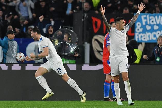 Soccer, UEFA Europa League match , Lazio v Viktoria Plzen Alessio Romagnoli of SS Lazio celebrates scoring his goal during the Europa League Round of 16 2nd leg between Lazio v Viktoria Plzen at Olympic stadium, Italy, Mar 13rd, 2025. Imago-Images Emmefoto Copyright: xImago-Images Emmefotox