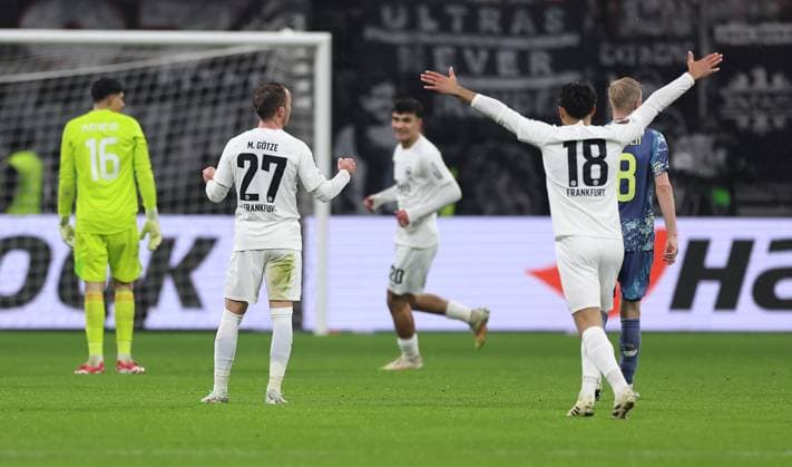 13 03 2025, Football UEFA Europa League, Eintracht Frankfurt Ajax AFC Amsterdam, emonline, emspor, v l , Goal celebration, celebrate the goal, Mario Götze Eintracht Frankfurt , Goal celebration, celebrate the goal, Mahmoud Dahoud Eintracht Frankfurt , Can Uzun Eintracht Frankfurt DFL DFB REGULATIONS PROHIBIT ANY USE OF PHOTOGRAPHS AS IMAGE SEQUENCES AND OR QUASI VIDEO xdcx Copyright: HMBxMedia Claus