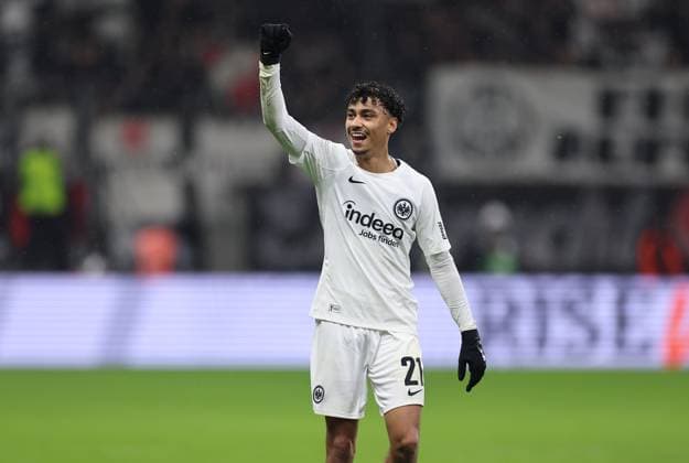 13 03 2025, Football UEFA Europa League, Eintracht Frankfurt Ajax AFC Amsterdam, emonline, emspor, v l , Nathaniel Brown Eintracht Frankfurt jubilantly cheering jubilantly cheering DFL DFB REGULATIONS PROHIBIT ANY USE OF PHOTOGRAPHS AS IMAGE SEQUENCES AND OR QUASI VIDEO xdcx Copyright: HMBxMedia Claus