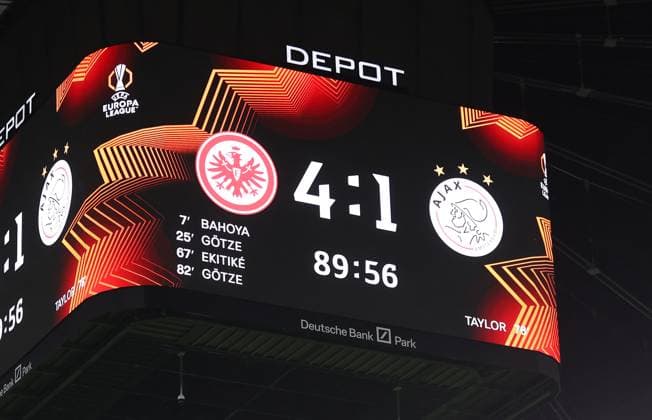 13 03 2025, Football UEFA Europa League, Eintracht Frankfurt Ajax AFC Amsterdam, emonline, emspor, v l , video cube with the 4 1 final score DFL DFB REGULATIONS PROHIBIT ANY USE OF PHOTOGRAPHS AS IMAGE SEQUENCES AND OR QUASI VIDEO xdcx Copyright: HMBxMedia Claus