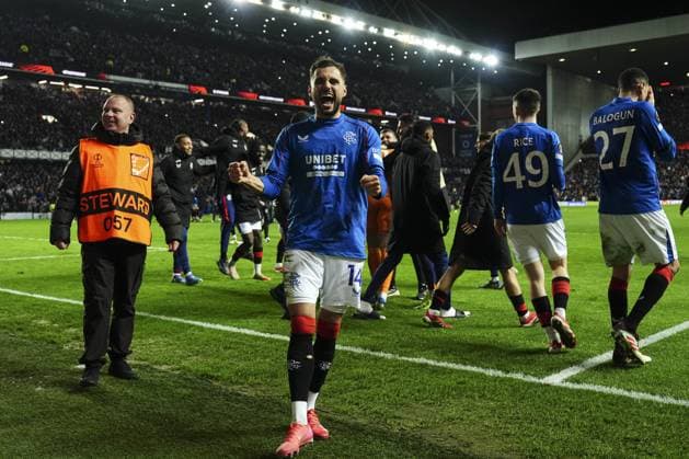 Nedim Bajrami of Rangers celebrates at full-time Rangers v Fenerbahce, UEFA Europa League, Round of 16, Second Leg, Football, Ibrox Stadium, Glasgow, Scotland, UK - 13 Mar 2025 EDITORIAL USE ONLY No use with unauthorised audio, video, data, fixture lists, club league logos or live services. Online in-match use limited to 120 images, no video emulation. No use in betting, games or single club league player publications. Copyright: xStuartxWallace Shutterstockx 15188226eo