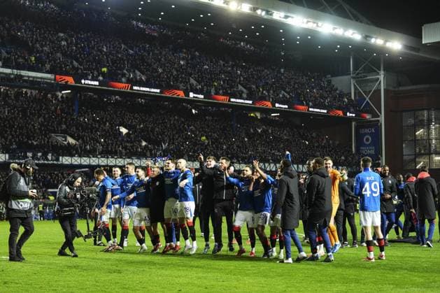 Rangers players celebrate at full-time Rangers v Fenerbahce, UEFA Europa League, Round of 16, Second Leg, Football, Ibrox Stadium, Glasgow, Scotland, UK - 13 Mar 2025 EDITORIAL USE ONLY No use with unauthorised audio, video, data, fixture lists, club league logos or live services. Online in-match use limited to 120 images, no video emulation. No use in betting, games or single club league player publications. Copyright: xStuartxWallace Shutterstockx 15188226es