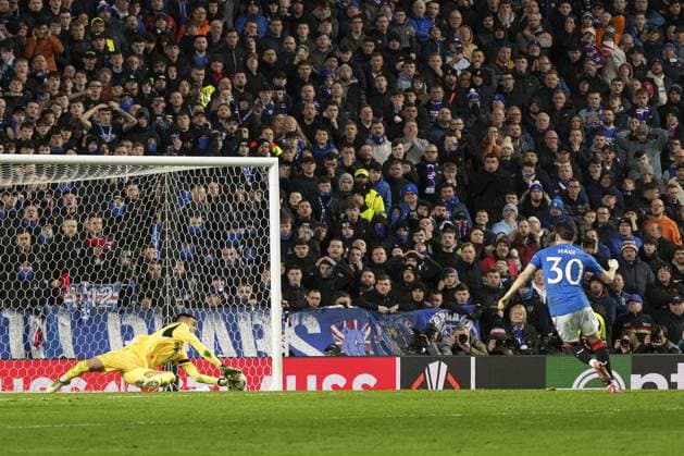 lanis Hagi of Rangers fails to score past Irfan Can Egribayat of Fenerbahce SK during the penalties Rangers v Fenerbahce, UEFA Europa League, Round of 16, Second Leg, Football, Ibrox Stadium, Glasgow, Scotland, UK - 13 Mar 2025 EDITORIAL USE ONLY No use with unauthorised audio, video, data, fixture lists, club league logos or live services. Online in-match use limited to 120 images, no video emulation. No use in betting, games or single club league player publications. Copyright: xStuartxWallace Shutterstockx 15188226ev