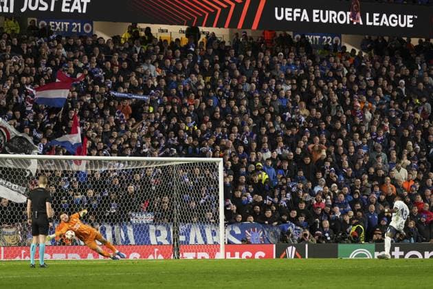 Jack Butland of Rangers saves the penalty from Fred of Fenerbahce SK Rangers v Fenerbahce, UEFA Europa League, Round of 16, Second Leg, Football, Ibrox Stadium, Glasgow, Scotland, UK - 13 Mar 2025 EDITORIAL USE ONLY No use with unauthorised audio, video, data, fixture lists, club league logos or live services. Online in-match use limited to 120 images, no video emulation. No use in betting, games or single club league player publications. Copyright: xStuartxWallace Shutterstockx 15188226ew