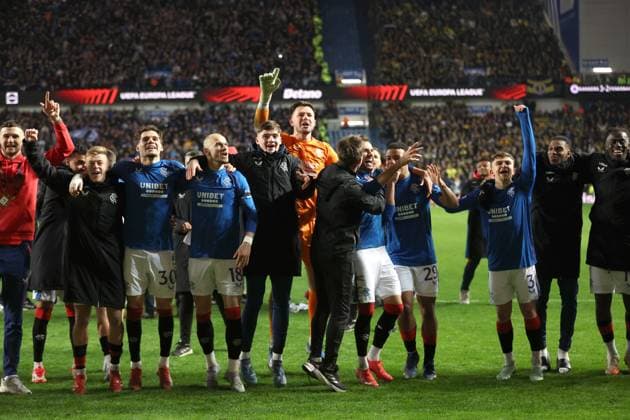 Rangers goalkeeper Jack Butland and his team mates celebrate after winning the penalty shoot out during the Europa League last 16 match at Ibrox Stadium, Glasgow. Rangers v Fenerbahce, UEFA Europa League, Round of 16, Second Leg, Football, Ibrox Stadium, Glasgow, Scotland, UK - 13 Mar 2025 EDITORIAL USE ONLY No use with unauthorised audio, video, data, fixture lists, club league logos or live services. Online in-match use limited to 120 images, no video emulation. No use in betting, games or single club league player publications. Copyright: xO Rourke RangersxFC Shutterstockx 15196580cg