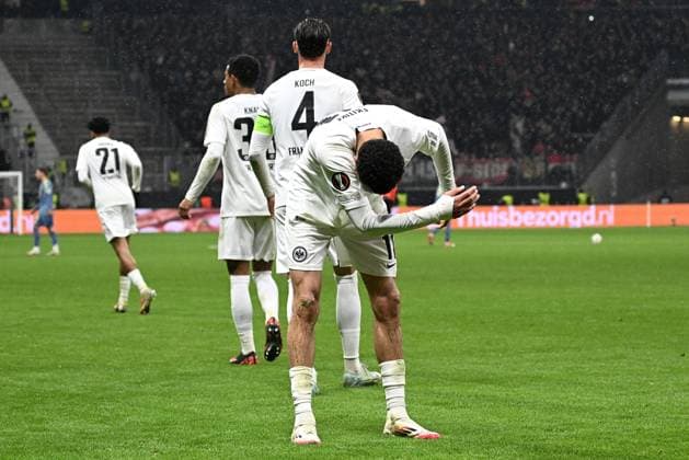 13 03 2025, xjhx, Football UEFA Europa League, Eintracht Frankfurt Ajax Amsterdam v l Hugo Ekitike Eintracht Frankfurt celebrate the goal, Der Torjubel zum 3 0 DFL DFB REGULATIONS PROHIBIT ANY USE OF PHOTOGRAPHS as IMAGE SEQUENCES and or QUASI VIDEO Frankfurt am Main