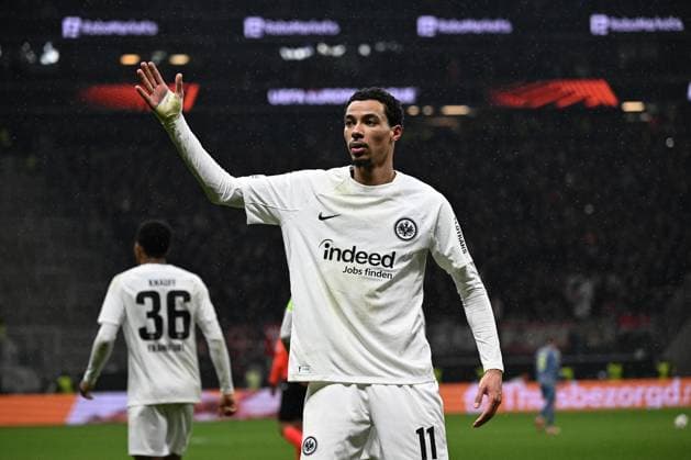 13 03 2025, xjhx, Football UEFA Europa League, Eintracht Frankfurt Ajax Amsterdam v l Hugo Ekitike Eintracht Frankfurt celebrate the goal, Der Torjubel zum 3 0 DFL DFB REGULATIONS PROHIBIT ANY USE OF PHOTOGRAPHS as IMAGE SEQUENCES and or QUASI VIDEO Frankfurt am Main