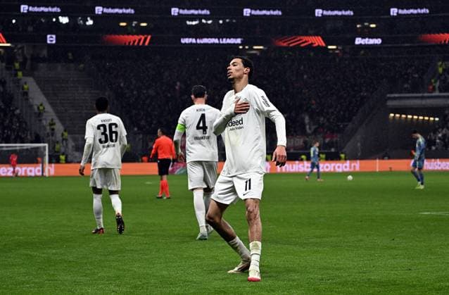 13 03 2025, xjhx, Football UEFA Europa League, Eintracht Frankfurt Ajax Amsterdam v l Hugo Ekitike Eintracht Frankfurt celebrate the goal, Der Torjubel zum 3 0 DFL DFB REGULATIONS PROHIBIT ANY USE OF PHOTOGRAPHS as IMAGE SEQUENCES and or QUASI VIDEO Frankfurt am Main