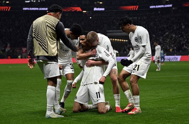 13 03 2025, xjhx, Football UEFA Europa League, Eintracht Frankfurt Ajax Amsterdam v l Hugo Ekitike Eintracht Frankfurt celebrate the goal, Der Torjubel zum 3 0, Rasmus Kristensen Eintracht Frankfurt , Ansgar Knauff Eintracht Frankfurt DFL DFB REGULATIONS PROHIBIT ANY USE OF PHOTOGRAPHS as IMAGE SEQUENCES and or QUASI VIDEO Frankfurt am Main