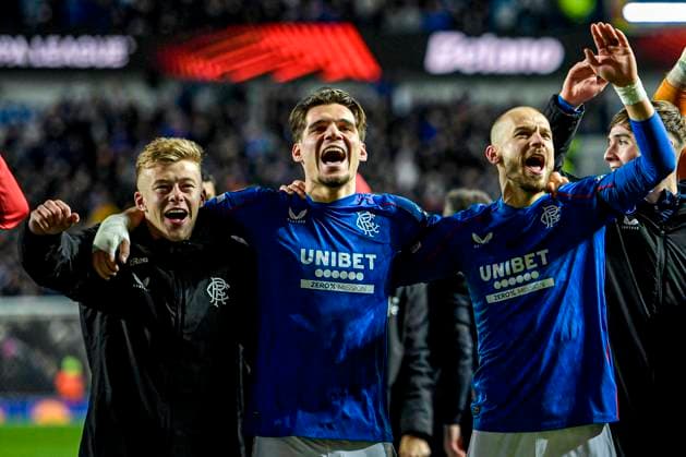 Rangers v Fenerbahce S.K. UEFA Europa League Vaclav Cerny, Ianis Hagi and Connor Barron of Rangers react at full time during the UEFA Europa League Round of 16 Second Leg match at Ibrox Stadium, Glasgow UK Newspapers OUT Copyright: xJamiexJohnstonx FIL-21576-0065