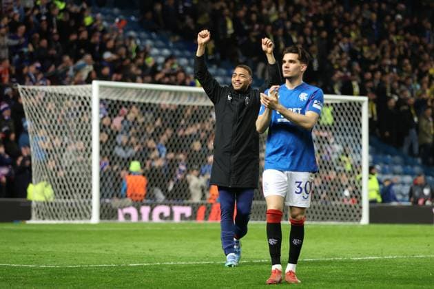 Cyriel Dessers and Ianis Hagi of Rangers celebrate after winning the penalty shoot out during the Europa League last 16 match at Ibrox Stadium, Glasgow. Rangers v Fenerbahce, UEFA Europa League, Round of 16, Second Leg, Football, Ibrox Stadium, Glasgow, Scotland, UK - 13 Mar 2025 EDITORIAL USE ONLY No use with unauthorised audio, video, data, fixture lists, club league logos or live services. Online in-match use limited to 120 images, no video emulation. No use in betting, games or single club league player publications. Copyright: xO Rourke RangersxFC Shutterstockx 15196580dv