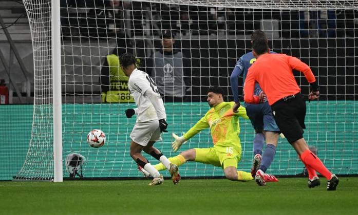13 03 2025, xjhx, Football UEFA Europa League, Eintracht Frankfurt Ajax Amsterdam v l Jean Matteo Bahoya Eintracht Frankfurt , Lucas Rosa Ajax Amsterdam , Dies Janse Ajax Amsterdam Goal scored, scored the goal to 1 0 DFL DFB REGULATIONS PROHIBIT ANY USE OF PHOTOGRAPHS as IMAGE SEQUENCES and or QUASI VIDEO Frankfurt am Main