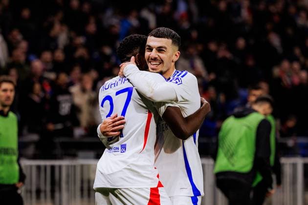 Lyon, France Ernest Nuamah (37 Olympique Lyonnais) and Georges Mikautadze (69 Olympique Lyonnais) celebrate the goal during the UEFA Europa League game between Olympique Lyonnais and Fotbal Club FCSB at Groupama Stadium in Lyon, France. (Pauline FIGUET SPP) Copyright: xPaulinexFIGUETx xSPPx spp-en-PaFiSp-PF_OLFCSB2613