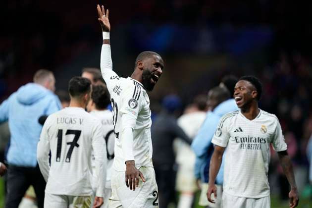 March 12, 2025, Madrid, Madrid, SPAIN: Antonio Rudiger of Real Madrid celebrates the victory in the penalty shootout during the UEFA Champions League 2024 25 League Round of 16 Second Leg match between Atletico de Madrid and Real Madrid CF, at Riyadh Air Metropolitano stadium on March 12, 2025, in Madrid, Spain. Madrid SPAIN - ZUMAadri 20250312_zaa_a181_215 Copyright: xOscarxJ.xBarrosox