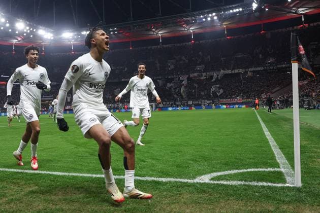UEFA Europa League Eintracht Frankfurt Ajax Amsterdam on 13 03 2025 at Deutsche Bank Park in Frankfurt Cheering, goal celebration, goal scorer Jean Matteo Bahoya Frankfurt 19 celebrates after his goal to make it 1 - 0 with Nathaniel Nene Brown Frankfurt 21 and Hugo Ekitike Frankfurt 11 MH