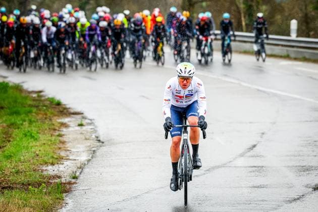 French Thomas Gachignard of TotalEnergies pictured in action during stage six of the 83th edition of the Paris-Nice cycling race, 209,8 km from Saint-Julien-en-Saint-Alban to Berre l Etang, France, Friday 14 March 2025. DAVIDxPINTENS  x114929103x