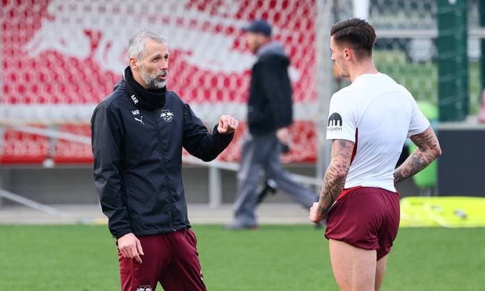 RB Leipzig Training Bundesliga Leipzig, 11 03 2025, RBL Training Center, Fußball Bundesliga , RB LEIPZIG Training , In the picture coach Marco Rose RB Leipzig and Benjamin Sesko 30, RB Leipzig , For editorial use only , Picture Point