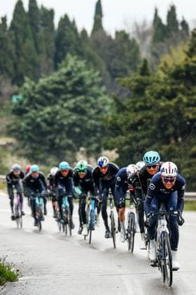 The pack of riders pictured in action during stage six of the 83th edition of the Paris-Nice cycling race, 209,8 km from Saint-Julien-en-Saint-Alban to Berre l Etang, France, Friday 14 March 2025. DAVIDxPINTENS  x114937973x