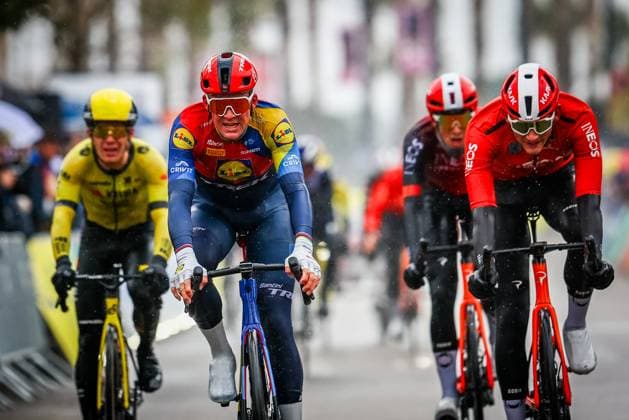 Danish Mads Pedersen of Lidl-Trek and British Michael Joshua Tarling of Ineos Grenadiers sprint to the finish of stage six of the 83th edition of the Paris-Nice cycling race, 209,8 km from Saint-Julien-en-Saint-Alban to Berre l Etang, France, Friday 14 March 2025. DAVIDxPINTENS  x114939217x