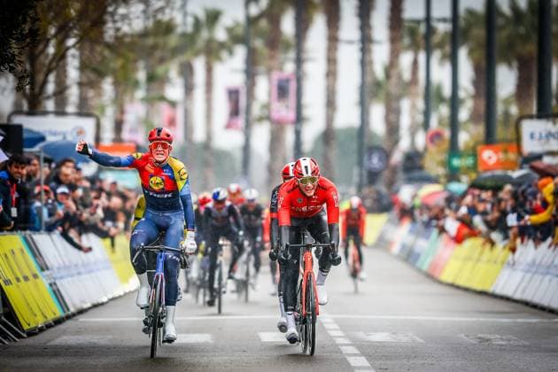Danish Mads Pedersen of Lidl-Trek and British Michael Joshua Tarling of Ineos Grenadiers sprint to the finish of stage six of the 83th edition of the Paris-Nice cycling race, 209,8 km from Saint-Julien-en-Saint-Alban to Berre l Etang, France, Friday 14 March 2025. DAVIDxPINTENS  x114939267x