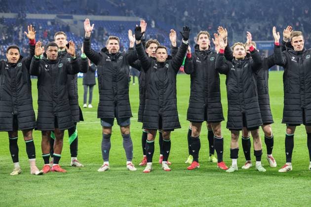 2 Bundesliga FC Schalke 04 Hannover 96 on 14 03 2025 at the Veltins Arena in Schalke Cheers and joy for the Hannover 96 team MH