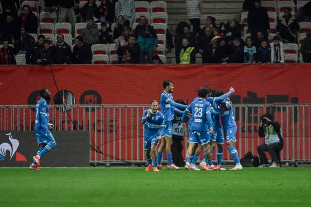 FOOTBALL : OGC Nice vs AJ Auxerre - ligue 1 - 14 3 25 Joy of AJA after mark a goal during the during the French L1 football match between OGC Nice and AJ Auxerre at Allianz Riviera Stadium of Nice, south France, on March 14, 2025. NICEFrance  Copyright: xfredxDIDES psnewzx