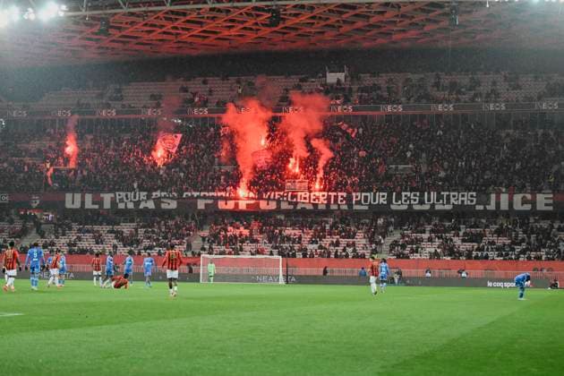 FOOTBALL : OGC Nice vs AJ Auxerre - ligue 1 - 14 3 25 Banner unfurled by nicois supporters saying for stadiums alive, freedom for ultras during the during the French L1 football match between OGC Nice and AJ Auxerre at Allianz Riviera Stadium of Nice, south France, on March 14, 2025. NICEFrance  Copyright: xfredxDIDES psnewzx