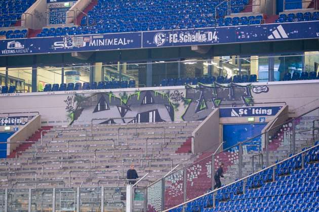 14 03 2025 Soccer, 2024 2025, 2 Bundesliga, Matchday 26, FC Schalke 04 Hannover 96 Fanblock Gästefans mit Graffiti von Fans Hannover DFL REGULATIONS PROHIBIT ANY USE OF PHOTOGRAPHS AS IMAGE SEQUENCES AND OR QUASI VIDEO Gelsenkirchen North Rhine-Westphalia Germany Veltins Arena