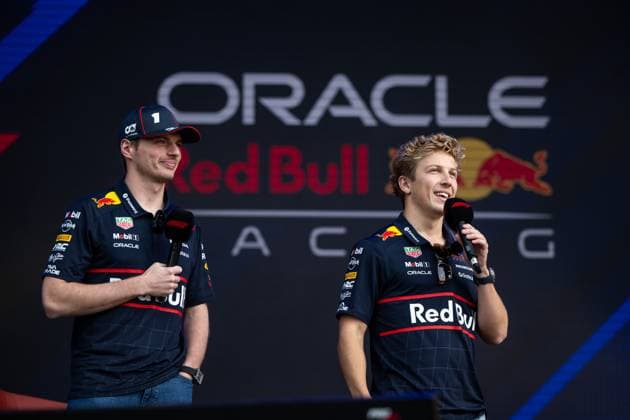 Max Verstappen Oracle Red Bull Racing, 01 , Liam Lawson Oracle Red Bull Racing, 30 at Lakeside Fan Forum on stage, AUS, Formula 1 World Championship, Luis Vuitton Australian Grand Prix, Albert Park Circuit Melbourne, Qualifying Day, 2025 season, 15 03 2025 AUS, Formula 1 World Championship, Luis Vuitton Australian Grand Prix, Albert Park Circuit Melbourne, Qualifying Day, 2025 season, 15 03 2025 Melbourne Copyright: xEibner-Pressefoto Memmlerx EP_MMR