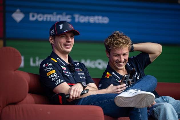 Max Verstappen Oracle Red Bull Racing, 01 , Liam Lawson Oracle Red Bull Racing, 30 at Lakeside Fan Forum on stage, AUS, Formula 1 World Championship, Luis Vuitton Australian Grand Prix, Albert Park Circuit Melbourne, Qualifying Day, 2025 season, 15 03 2025 AUS, Formula 1 World Championship, Luis Vuitton Australian Grand Prix, Albert Park Circuit Melbourne, Qualifying Day, 2025 season, 15 03 2025 Melbourne Copyright: xEibner-Pressefoto Memmlerx EP_MMR
