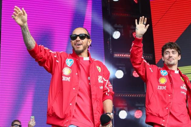 March 15, 2025: LEWIS HAMILTON and CHARLES LECLERC of Team Ferrari on stage at the Fan Forum at the 2025 Australian Formula 1 Grand Prix on March 15, 2025 in Melbourne, VIC Australia - ZUMAa155 20250315_aaa_a155_004 Copyright: xChristopherxKhouryx