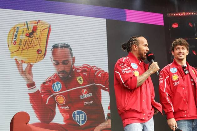 March 15, 2025: LEWIS HAMILTON and CHARLES LECLERC of Team Ferrari on stage at the Fan Forum at the 2025 Australian Formula 1 Grand Prix on March 15, 2025 in Melbourne, VIC Australia - ZUMAa155 20250315_aaa_a155_022 Copyright: xChristopherxKhouryx