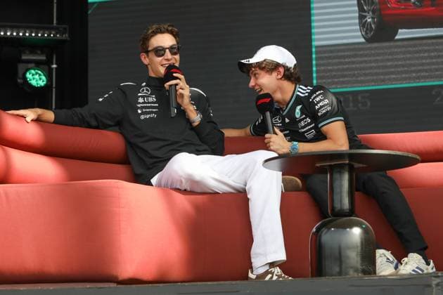 March 15, 2025: GEORGE RUSSELL and ANDREA KIMI ANTONELLI of Team Mercedes on stage at the Fan Forum at the 2025 Australian Formula 1 Grand Prix on March 15, 2025 in Melbourne, VIC Australia - ZUMAa155 20250315_aaa_a155_064 Copyright: xChristopherxKhouryx