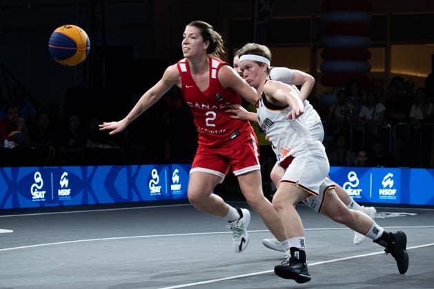 Germany Vs Canada in Bangkok, Thailand - 14 Mar 2025 Pauline Marie Mayer (R) of Germany and Katherine Plouffe (L) of Canada seen in action during the women s FIBA Basketball 3x3 Champions Cup 2025 match between Germany and Canada at Central World. Final score; Germany 10 : 14 Canada. Bangkok Thailand Copyright: xPeeraponxBoonyakiatx xSOPAxImagesx FIBA3x3W-7