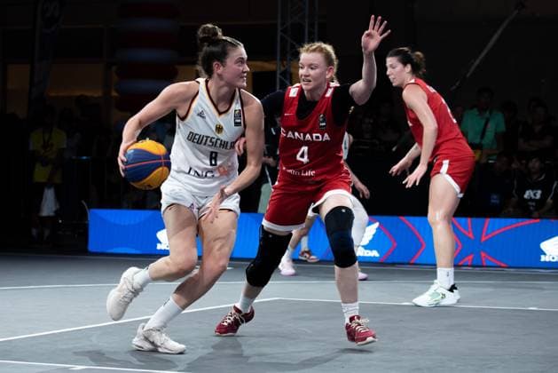 March 14, 2025, Bangkok, Thailand: Luisa Marie Nufer 8 of Germany and Kacie Bosch 4 of Canada seen in action during the women s FIBA Basketball 3x3 Champions Cup 2025 match between Germany and Canada at Central World. Final score; Germany 10 : 14 Canada. Bangkok Thailand - ZUMAs197 20250314_aaa_s197_315 Copyright: xPeeraponxBoonyakiatx