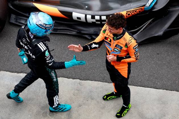 63 George Russell GBR, Mercedes AMG Petronas F1 Team , 4 Lando Norris GBR, McLaren F1 Team , F1 Grand Prix of Australia at Albert Park Grand Prix Circuit on March 15, 2025 in Melbourne, Australia Photo by HOCH ZWEI Melbourne Australia