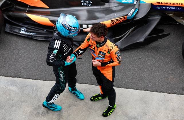 63 George Russell GBR, Mercedes AMG Petronas F1 Team , 4 Lando Norris GBR, McLaren F1 Team , F1 Grand Prix of Australia at Albert Park Grand Prix Circuit on March 15, 2025 in Melbourne, Australia Photo by HOCH ZWEI Melbourne Australia