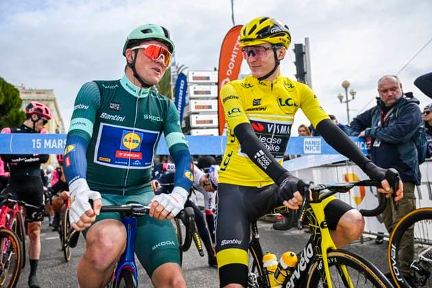 Paris - Nice 2025 - stage 7 AURON, FRANCE - MARCH 15 : Pedersen Mads (DEN) of Lidl - Trek and Jorgenson Matteo (USA) of Team Visma Lease A Bike at the start line during stage 7 of the 83th edition of the Paris - Nice cycling race, a stage of 109,3km with start in Nice and finish at Auron on March 15, 2025 in Auron, France, 15 03 2025 ( Motordriver Kenny Verfaillie - Auron France  Copyright: xNicoxVereeckenx