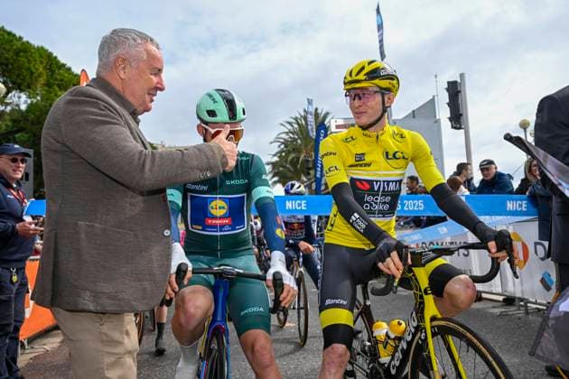 Paris - Nice 2025 - stage 7 AURON, FRANCE - MARCH 15 : Former rider Sean Kelly at the start line with Jorgenson Matteo (USA) of Team Visma Lease A Bike and Pedersen Mads (DEN) of Lidl - Trek during stage 7 of the 83th edition of the Paris - Nice cycling race, a stage of 109,3km with start in Nice and finish at Auron on March 15, 2025 in Auron, France, 15 03 2025 ( Motordriver Kenny Verfaillie - Auron France  Copyright: xNicoxVereeckenx