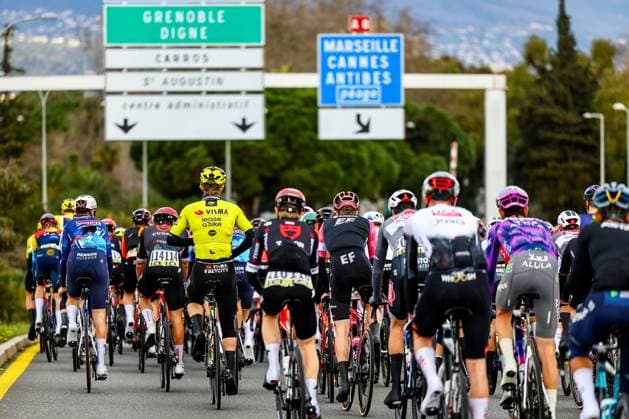 The pack of riders pictured in action during stage seven of the 83th edition of the Paris-Nice cycling race, 147,8 km from Nice to Auron, France, Saturday 15 March 2025. DAVIDxPINTENS  x114997582x