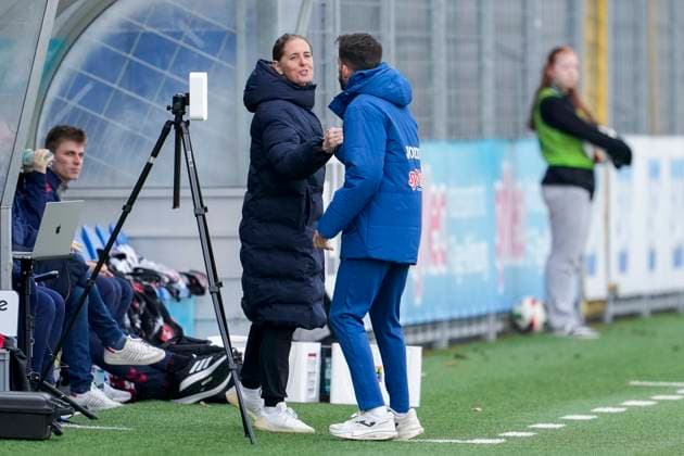 from left Britta Carlson coach, head coach, 1 FC Köln , Theodoros Dedes coach, head coach, TSG , at the greeting before the game, both coaches greet each other, action, action, 15 03 2025, Sinsheim Hoffenheim Germany , Soccer, Google Pixel Women Bundesliga, TSG 1899 Hoffenheim 1 FC Köln, DFB DFL REGULATIONS PROHIBIT ANY USE OF PHOTOGRAPHS AS IMAGE SEQUENCES AND OR QUASI VIDEO xozx