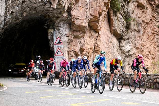 Paris - Nice 2025 - stage 7 AURON, FRANCE - MARCH 15 : Illustration picture of the escape pack during stage 7 of the 83th edition of the Paris - Nice cycling race, a stage of 109,3km with start in Nice and finish at Auron on March 15, 2025 in Auron, France, 15 03 2025 ( Motordriver Kenny Verfaillie - Auron France  Copyright: xNicoxVereeckenx