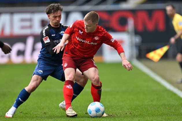 Paderborn, Home Deluxe Arena, 15 03 25, GER, Herren, 2 Bundesliga, Saison 2024 2025, SC Paderborn 07 1 FC Kaiserslautern Picture from left in duel Aaron ZEHNTER Paderborn and Jean ZIMMER Kaiserslautern Only for editorial use DFL regulations prohibit any use of photographs as image sequences and or quasi video NRW Germany