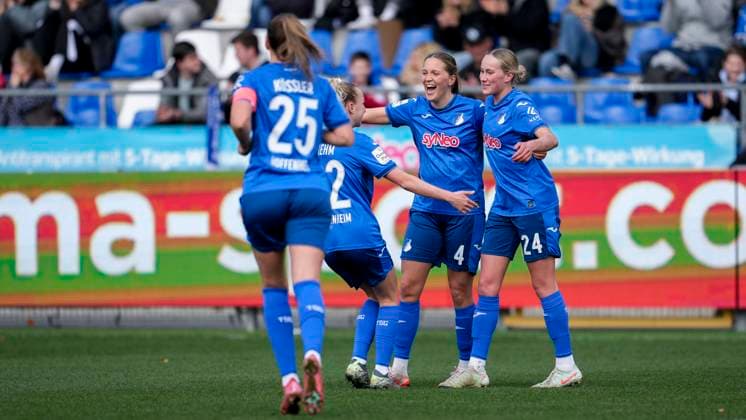 from left Melissa Kössler TSG, 25 , Vanessa Diehm TSG, 32 , goal scorer Lisann Kaut TSG, 4 , Feli Delacauw TSG, 24 , TSG 1899 Hoffenheim players, celebrate the goal, celebrate the goal, goal, celebration, cheers about the goal, rejoicing, joy, rejoices, optimistic, positive, game scene, highlight, action, 15 03 2025, Sinsheim Hoffenheim Germany , Football, Google Pixel Women Bundesliga, TSG 1899 Hoffenheim 1 FC Köln, DFB DFL REGULATIONS PROHIBIT ANY USE OF PHOTOGRAPHS AS IMAGE SEQUENCES AND OR QUASI VIDEO xozx