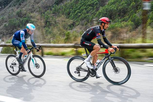 Paris - Nice 2025 - stage 7 AURON, FRANCE - MARCH 15 : Wright Fred (GBR) of Bahrain - Victorious, Alaphilippe Julian (FRA) of Tudor Pro Cycling Team in the escape pack during stage 7 of the 83th edition of the Paris - Nice cycling race, a stage of 109,3km with start in Nice and finish at Auron on March 15, 2025 in Auron, France, 15 03 2025 ( Motordriver Kenny Verfaillie - Auron France  Copyright: xNicoxVereeckenx