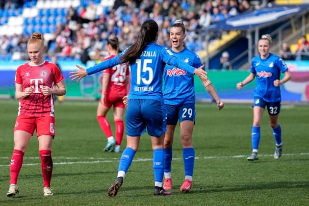 from left goal scorer Marta Cazalla Garcia TSG, 15 , Selina Cerci TSG, 29 , Vanessa Diehm TSG, 32 , players of TSG 1899 Hoffenheim, cheer about the goal to 2 1, jubilation, goal celebration, celebrate the goal, goal, celebration, cheers about the goal, rejoicing, joy, rejoices, optimistic, positive, game scene, highlight, action, 15 03 2025, Sinsheim Hoffenheim Germany , Soccer, Google Pixel Women Bundesliga, TSG 1899 Hoffenheim 1 FC Köln, DFB DFL REGULATIONS PROHIBIT ANY USE OF PHOTOGRAPHS AS IMAGE SEQUENCES AND OR QUASI VIDEO xozx